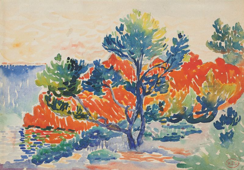 Les Roches rouges à Agay de Henri-Edmond Cross, óleo de rochas vermelhas e mar azul.