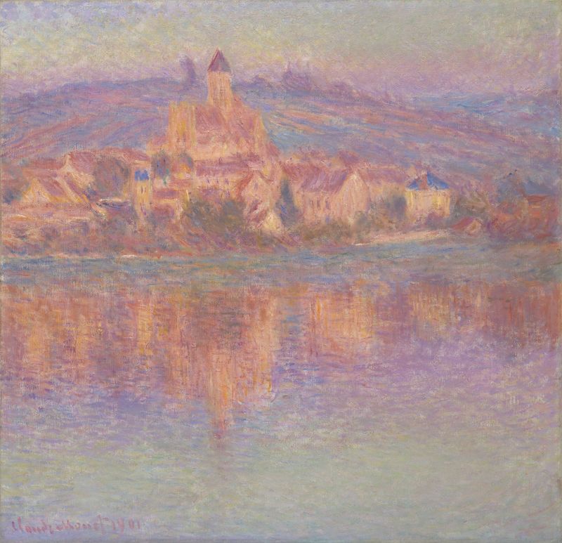 Vétheuil de Claude Monet, óleo sobre tela que retrata uma paisagem fluvial com reflexos.