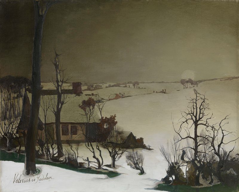 Paisaje invernal óleo de Valerius De Saedeleer con campos cubiertos de nieve.