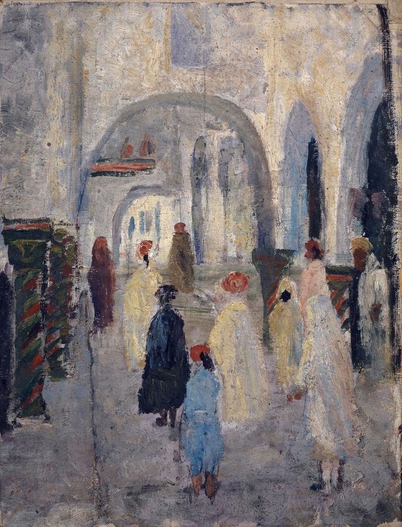 Cena de rua com arcos na África do Norte, pintura a óleo de Ernst Schiess