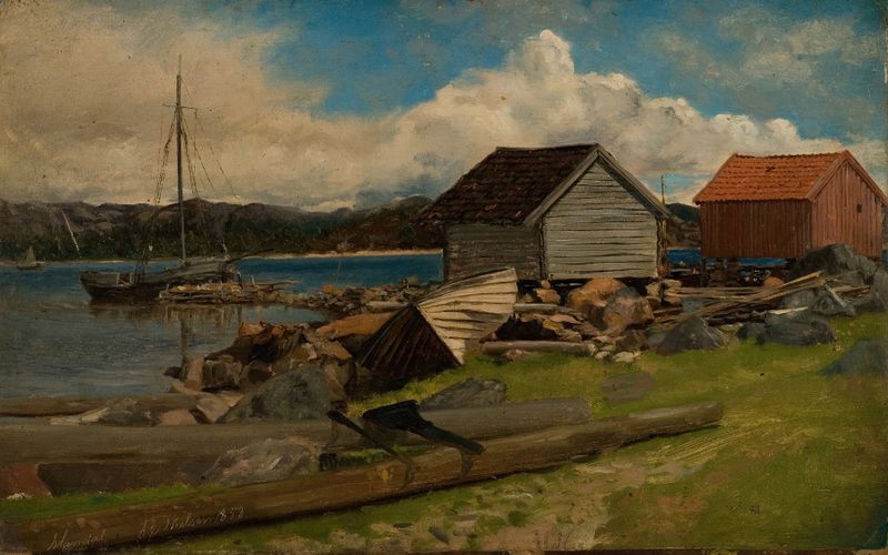 Pintura a óleo de Amaldus Nielsen retratando uma paisagem serena com luz suave e um horizonte gentil.