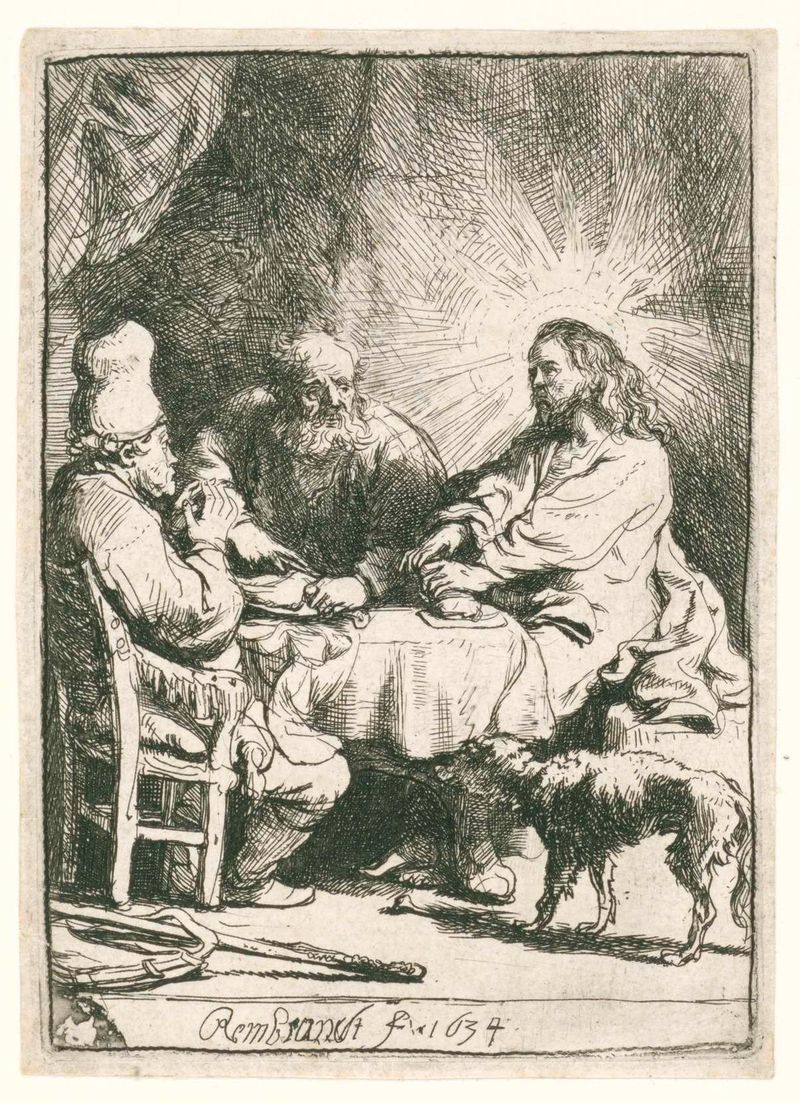 Grabado de Rembrandt van Rijn que representa a Cristo en Emaús con figuras en la mesa.