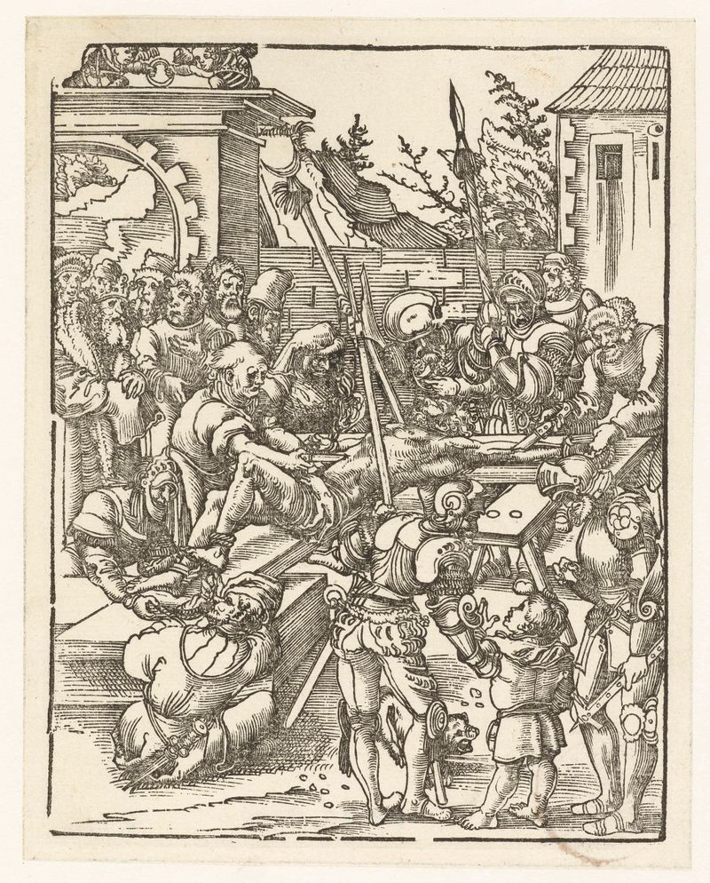 Marteldood van Bartolomeüs als hij levend wordt gevild, grabado de Lucas Cranach