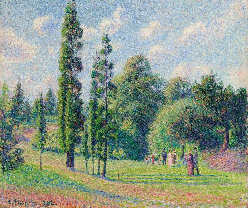 Paisagem com um lago e jardim de Camille Pissarro, pintura a óleo, 1892