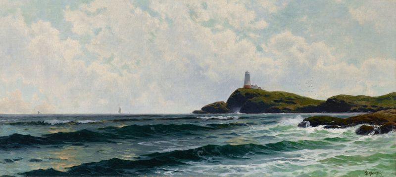 Farol à Beira-Mar, óleo de Alfred Thompson Bricher, mostrando ondas batendo contra um farol