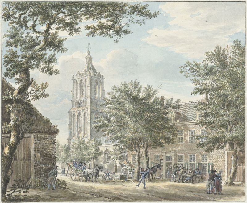 Escena de género que muestra una alegre reunión bajo un árbol en flor, Jan de Beijer, pintura al óleo.