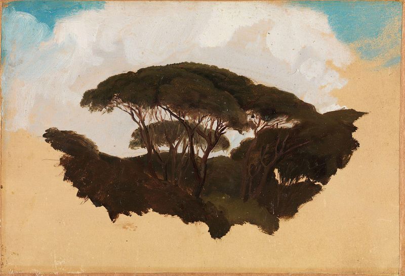 Study of Stone Pines de Adolph Tidemand, óleo sobre lienzo que muestra un bosque sereno con luz filtrándose entre los árbo...