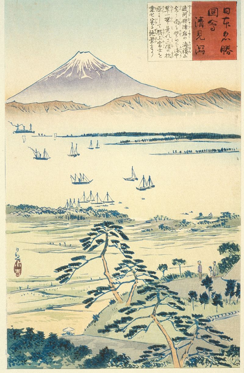 Grabado en madera de Kobayashi Kiyochika que representa el Monte Fuji y la costa.