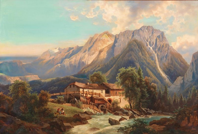Landscape with a windmill and mountains by Josef Thoma, oil painting