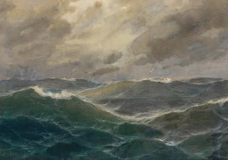 Oil painting by Max Jensen depicting tumultuous ocean waves