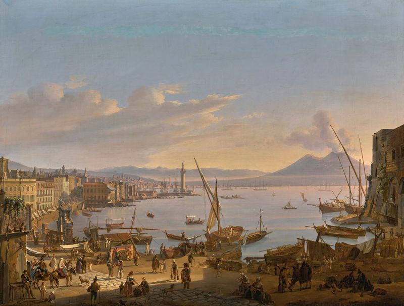 Oil painting by Frans Vervloet depicting Naples landscape with lighthouse and Vesuvius.