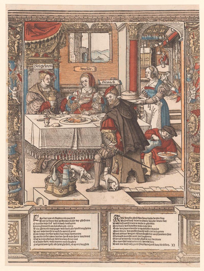 Cena de gênero de uma refeição compartilhada, óleo sobre painel de Cornelis Anthonisz