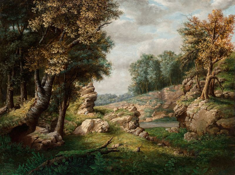 Rocky Dell de George Inness, óleo sobre lienzo que muestra un paisaje tranquilo con un río y colinas.