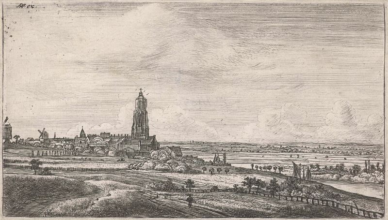 Landscape etching by Jan Ruyscher depicting a river and village