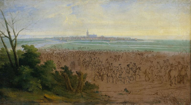 Historical scene with troops in sunlight, oil painting by Adam Frans van der Meulen