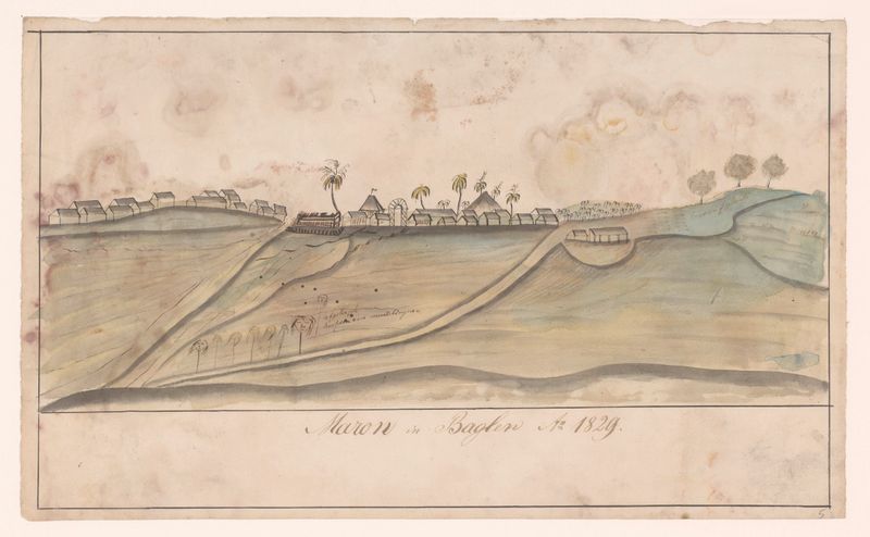 Desenho histórico de um artista desconhecido representando uma aldeia javanesa e um forte holandês