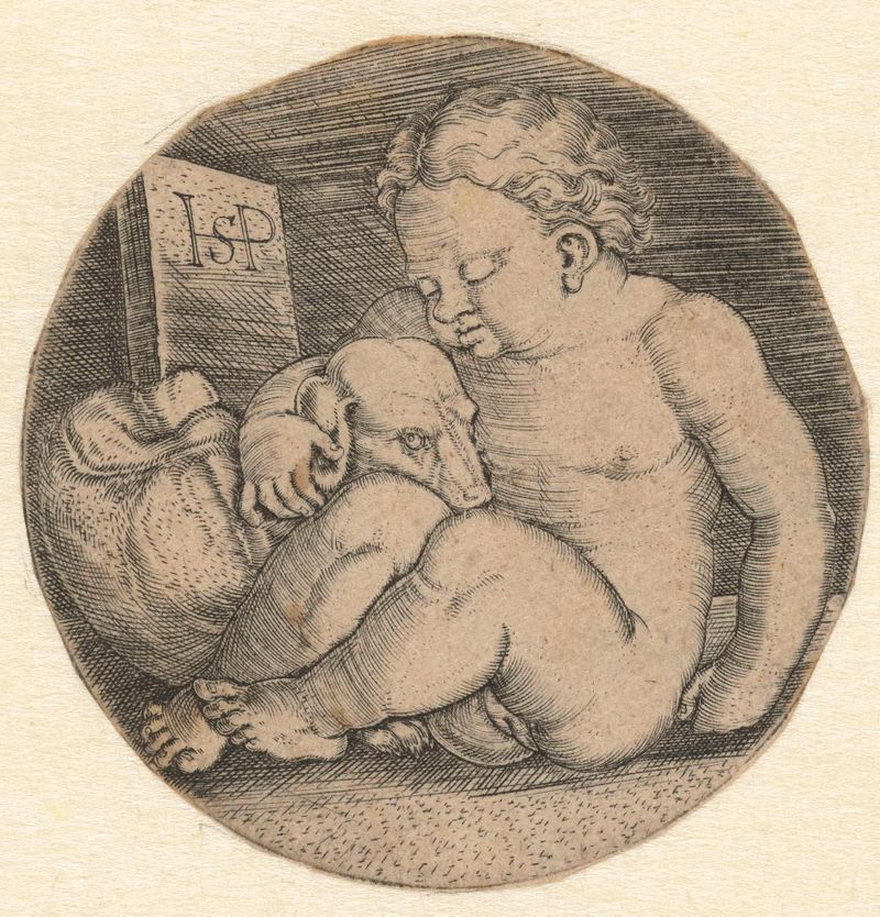 Niña desnuda con un perro, grabado de Hans Sebald Beham