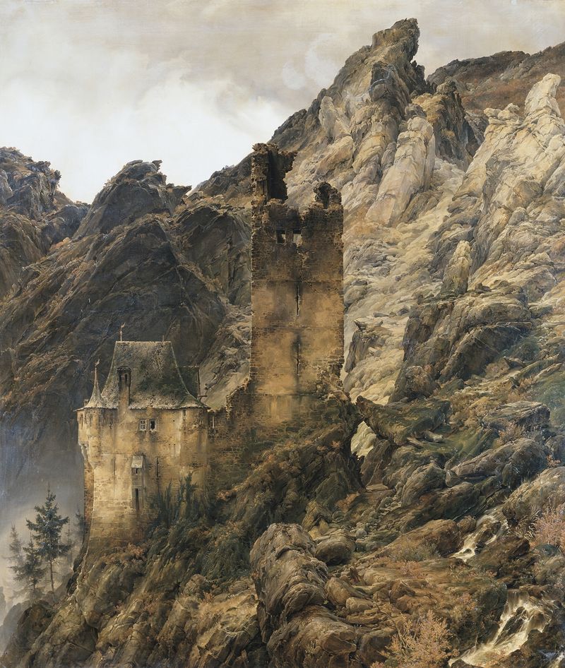 Rocky landscape with cliffs and ruins, oil painting by Karl Friedrich Lessing