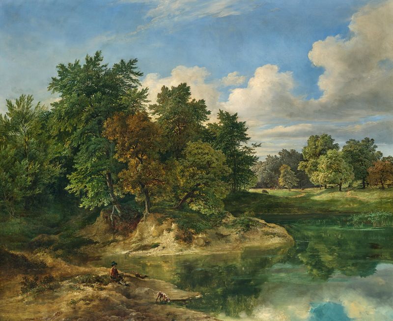 A Hunter Resting de Ludwig Fischer, pintura a óleo que retrata um caçador descansando em uma floresta.