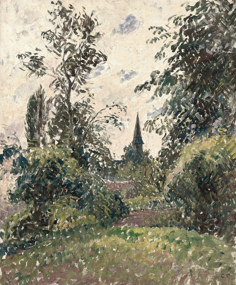 Óleo sobre lienzo de Camille Pissarro que representa campos vibrantes y una iglesia del pueblo.