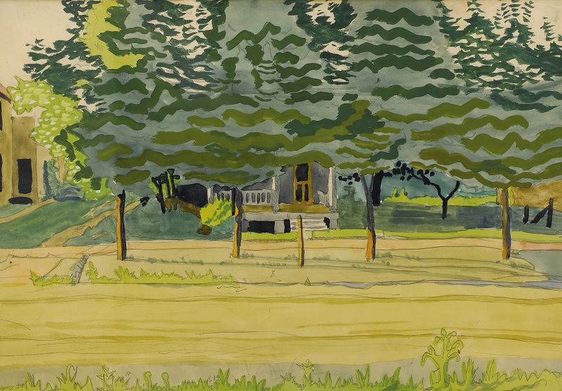 Late Afternoon by Charles Ephraim Burchfield, oil painting depicting a landscape with golden light and shadows.