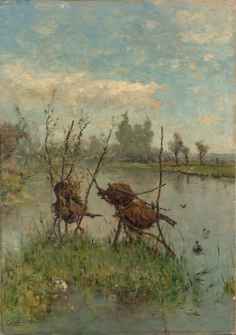 Ducks’ Nests, oil on canvas by Paul Joseph Constantin Gabriël, featuring ducks among reeds.