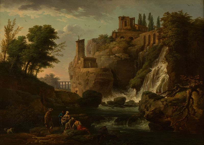 Les Cascatelles de Tivoli, óleo sobre tela de Claude-Joseph Vernet, apresentando uma cachoeira e vegetação exuberante.