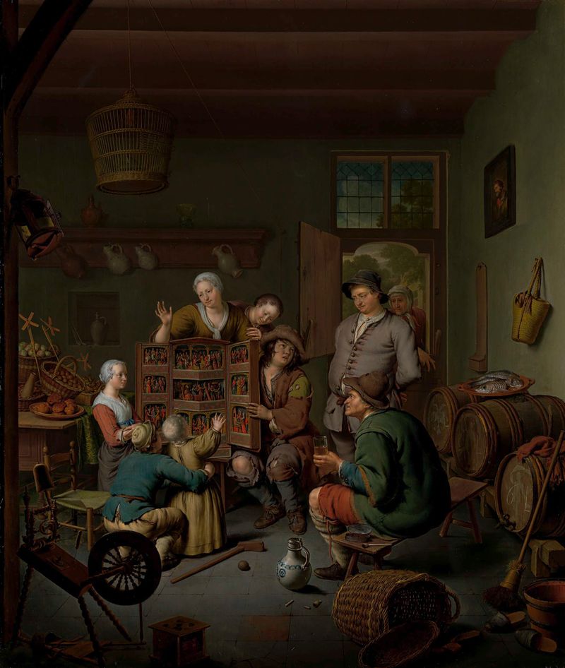 Genre scene oil painting by Willem van Mieris featuring a performer with a wooden triptych.