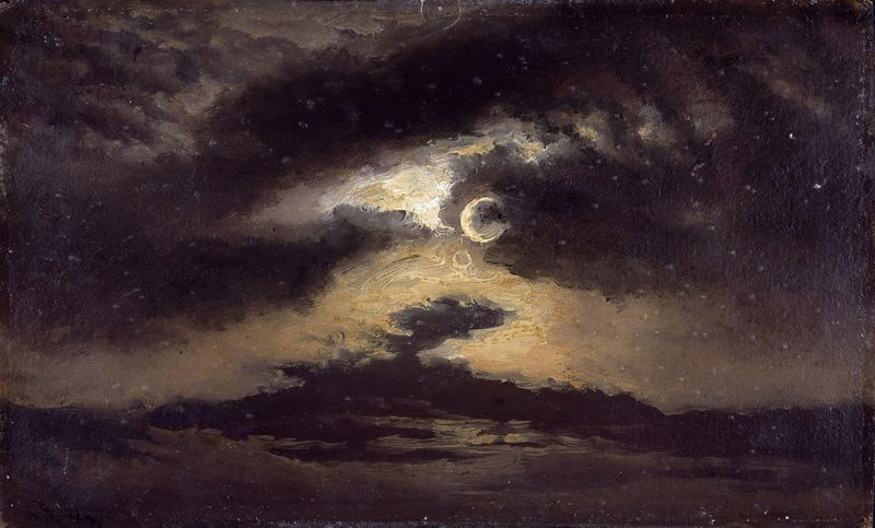 Clouds in Moonlight by Knud Baade, oil on canvas depicting a serene night landscape with moonlit clouds.