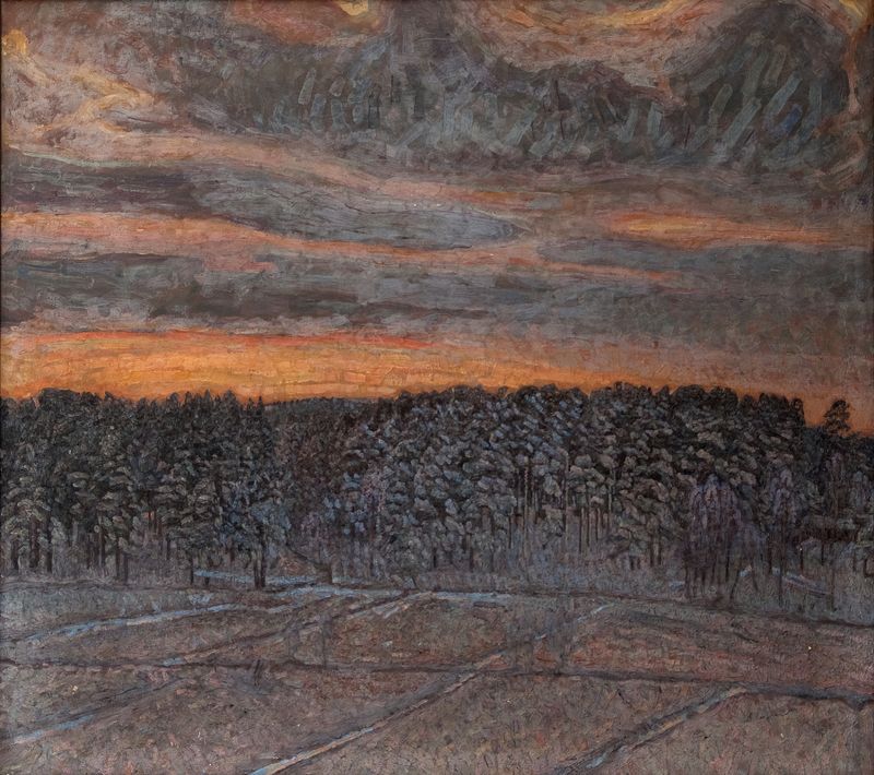 Snowy landscape by Herman Norrman, oil painting depicting a winter scene with a winding path.