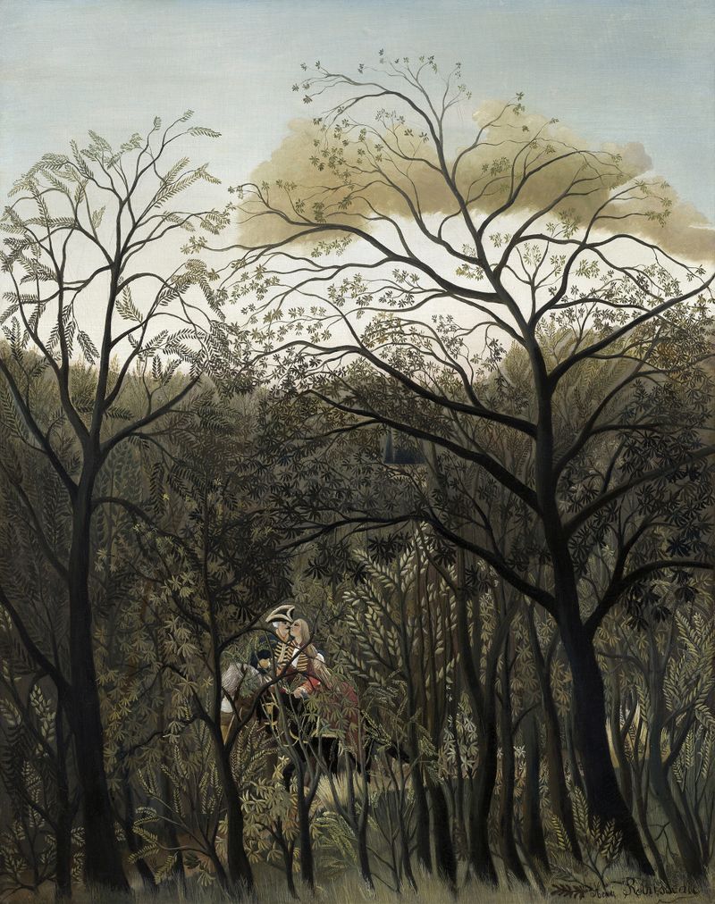 Rendezvous in the Forest by Henri Rousseau, oil painting depicting two figures in a vibrant forest.