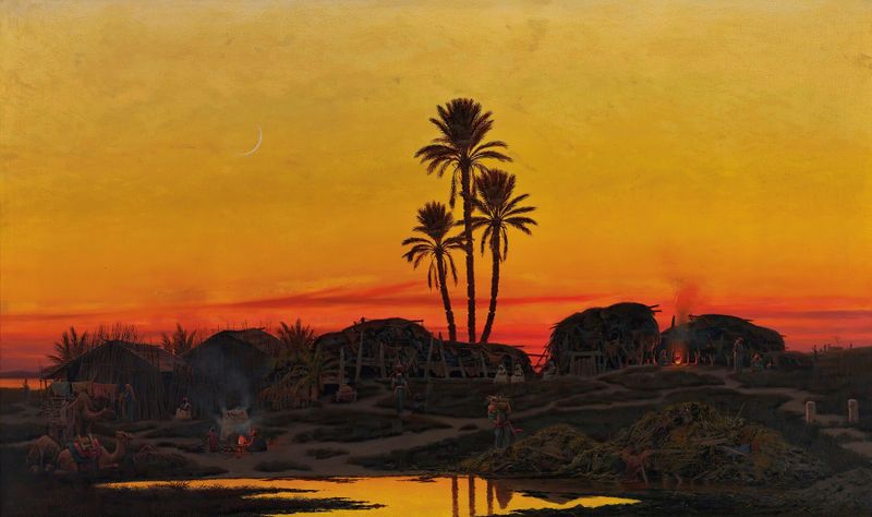 Paisaje que muestra un campamento en el desierto al atardecer de Richard Fuchs