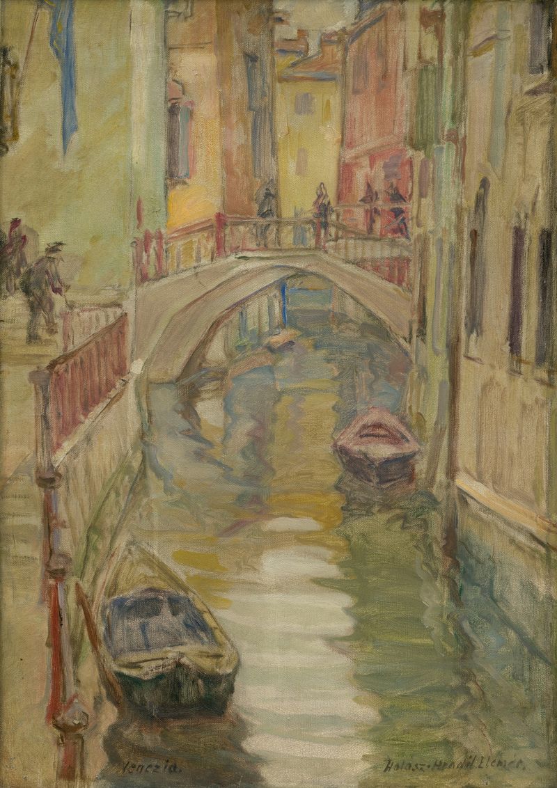 Oil painting of Venice by Elemír Halász-Hradil, featuring serene canals and reflections in soft blues and golds.