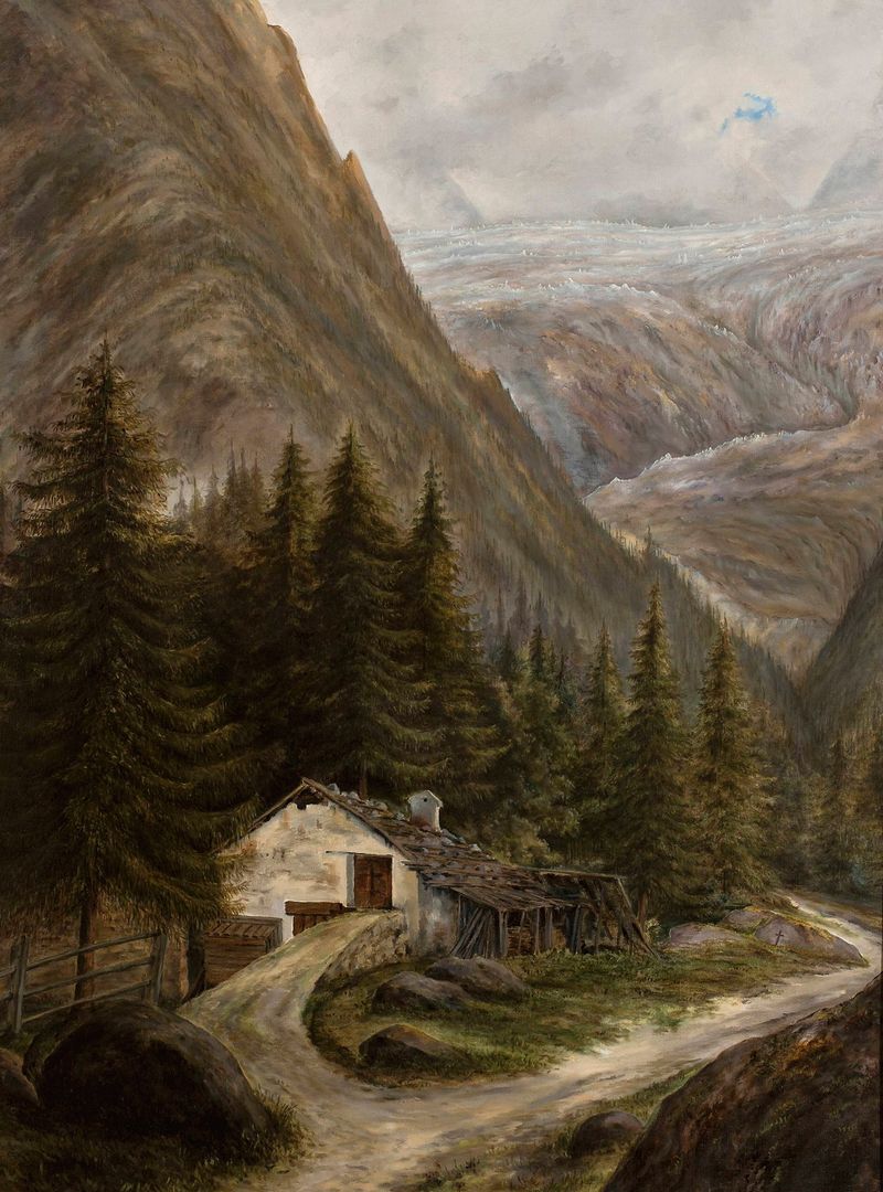 Paisagem montanhosa com uma cabana, óleo sobre tela de Cyprian Lachnicki