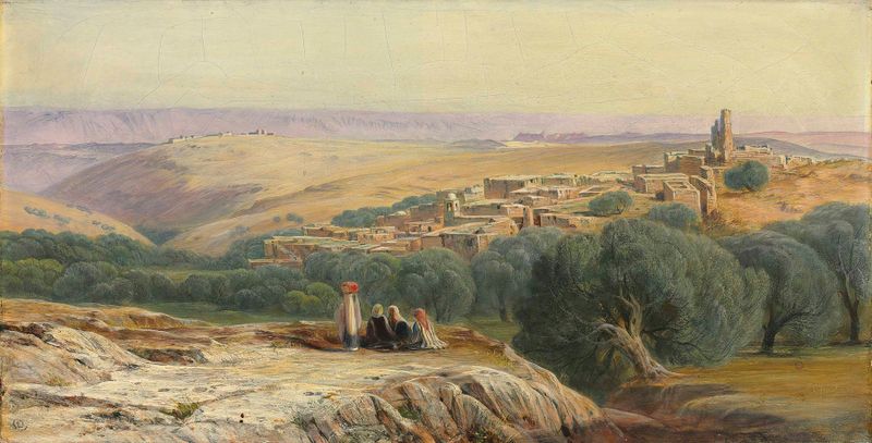Watercolour by Edward Lear depicting a serene landscape with golden light and earth tones.