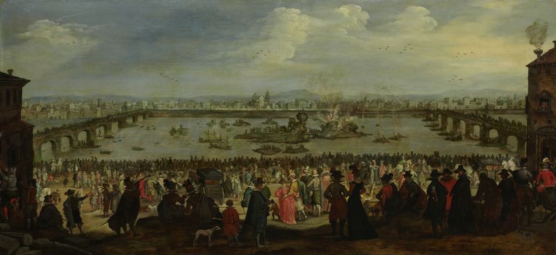 Cena de batalha simulada no rio Arno, óleo sobre tela de Dutch Master