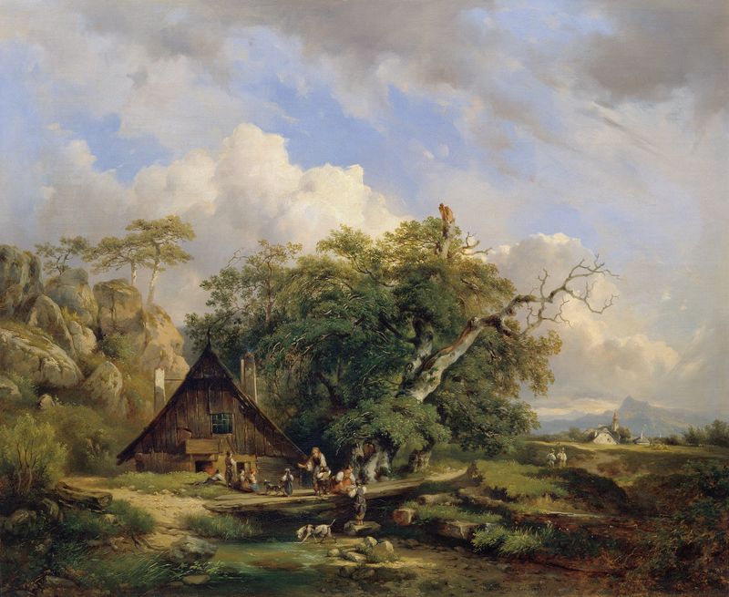 Landschaft bei Gutenstein de Dominik Schufried, óleo sobre tela representando colinas e terreno acidentado