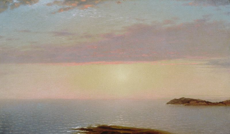 Sunset by John Frederick Kensett, oil painting depicting a colorful sunset over water.