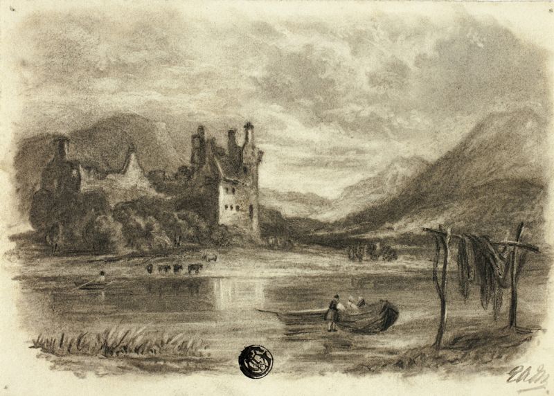 Pescadores secando redes frente a un castillo, pintura al óleo de Elizabeth Murray