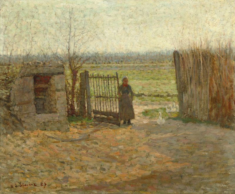 La porte de la ferme, oil on canvas by Henri Le Sidaner, featuring a weathered door in a rural scene.