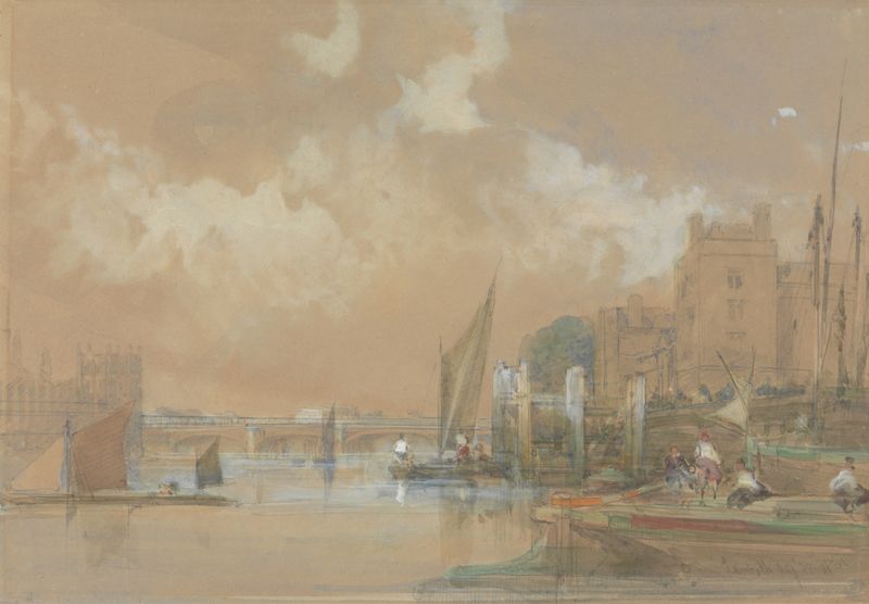 Lambeth de David Roberts, representando una iglesia con torres en una pintura al óleo.
