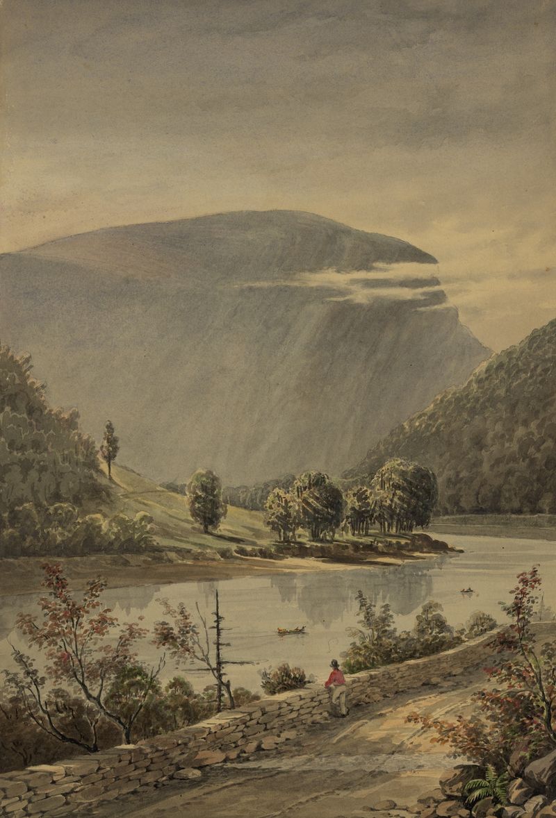 Paisagem de Delaware Water Gap por James Fuller Queen, pintura a óleo mostrando penhascos e rio.