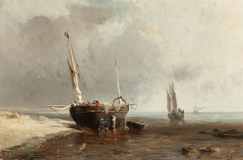 Barcos de Pesca en la Orilla en Marea Baja, óleo sobre lienzo de Louis Bentabole
