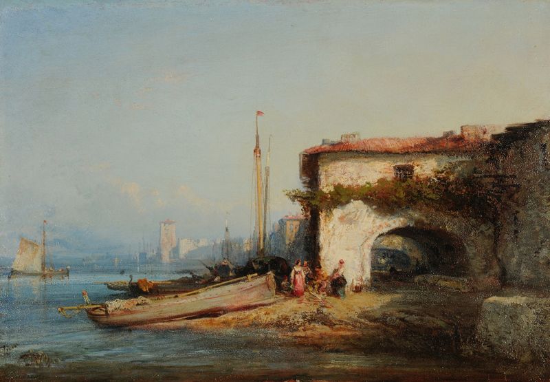 Vue d’Italie de Félix Ziem, pintura a óleo que retrata ruínas e folhagem exuberante.