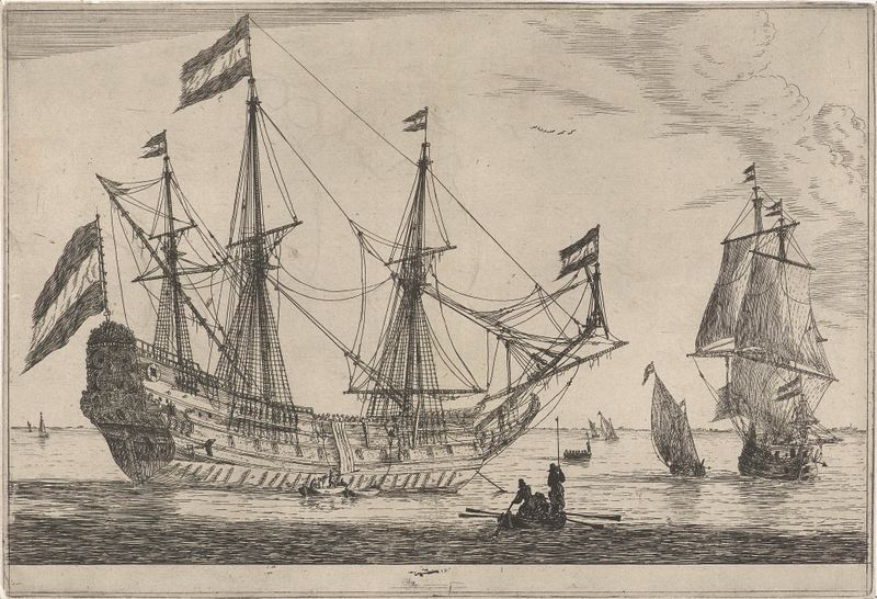 Groot zeilschip en een roeiboot, grabado de Reinier Nooms
