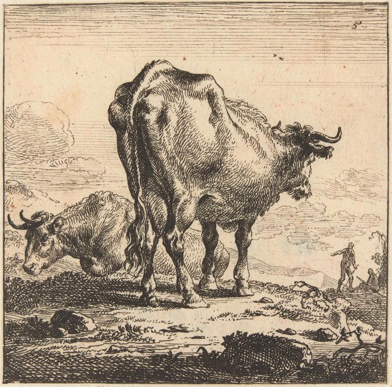 Gravura de Nicolaes Pietersz Berchem mostrando uma vaca em uma ladeira em uma paisagem