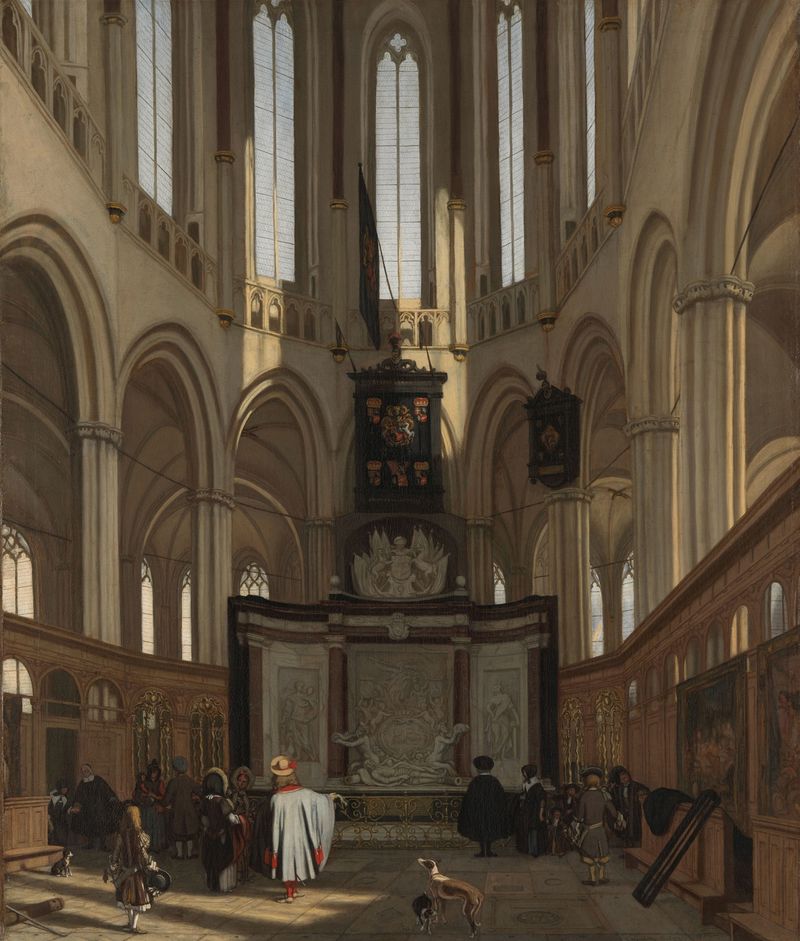 The Tomb of Michiel de Ruyter, oil on canvas by Emanuel de Witte, featuring candlelight and intricate carvings.