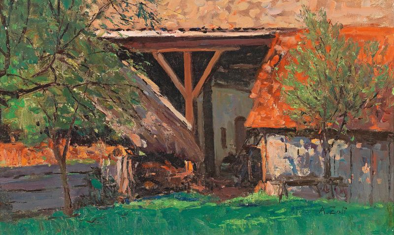 Paisagem com um celeiro em tons terrosos de Alfred Zoff, pintura a óleo