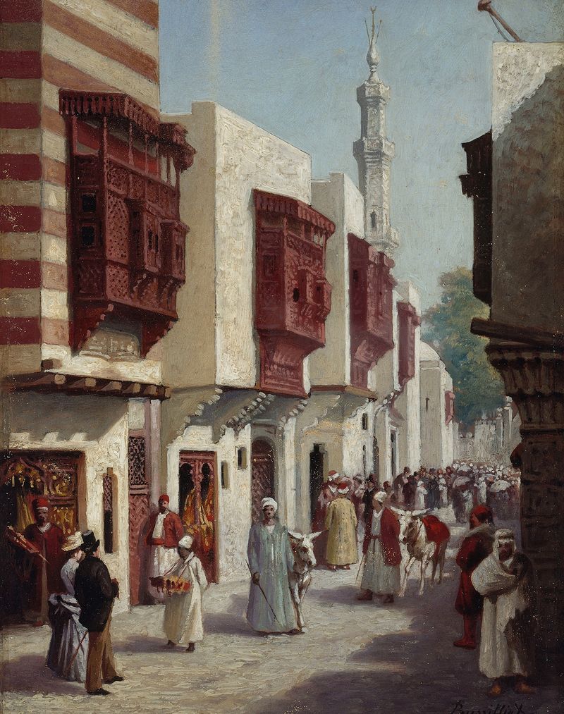 Genre scene depicting a bustling street by C. Bussilliet, Impressionism