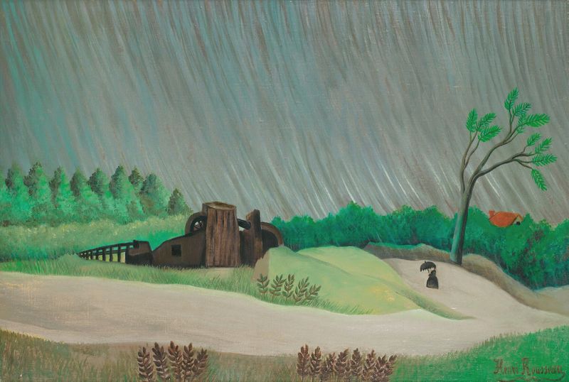 Un Matin De Pluie by Henri Rousseau, oil on canvas depicting a tranquil landscape with rain.